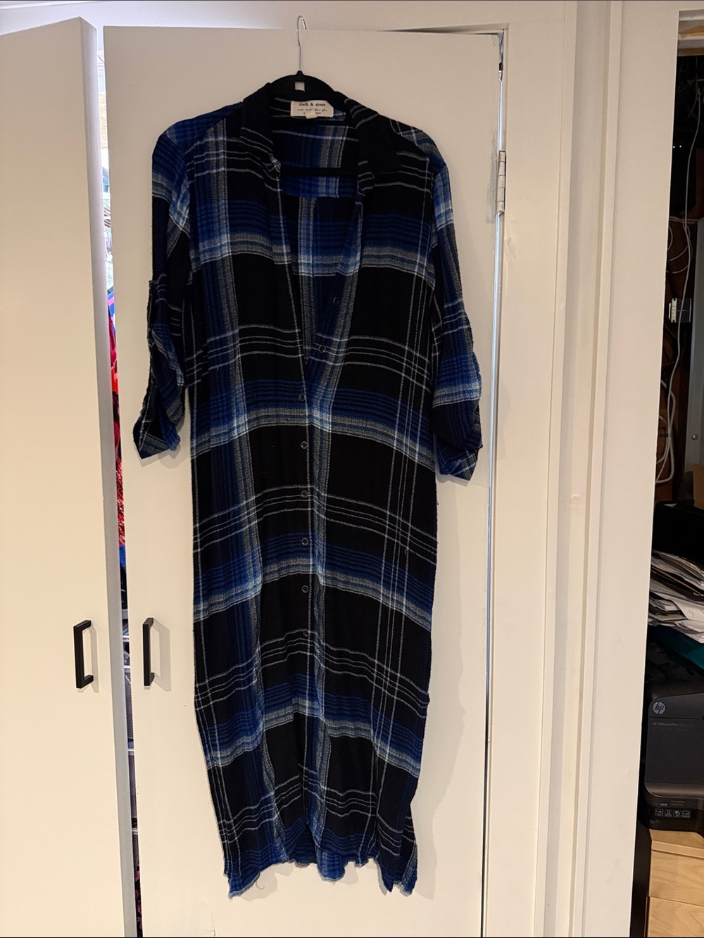 Cloth and Stone Blue and Black Plaid Long Button-Up Shirt Dress